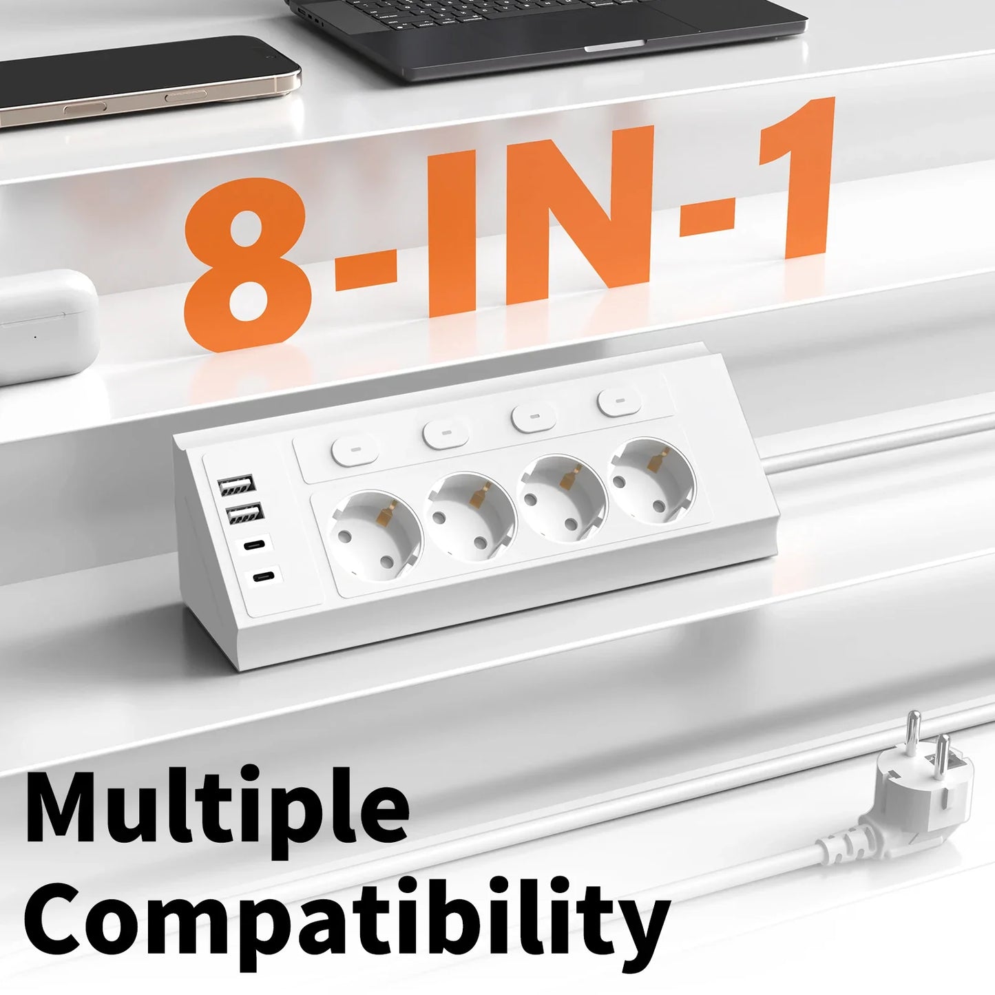 EU desktop corner power strip, a power strip with multiple switches independently controlling the outlets, extension cord power