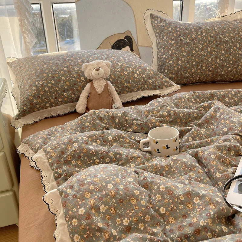 Summer Quilt Korean Style Duvet with Lace Single/Queen Size Comforter Flower Printed Quilted Blanket 여름이불 (No Pillowcase)