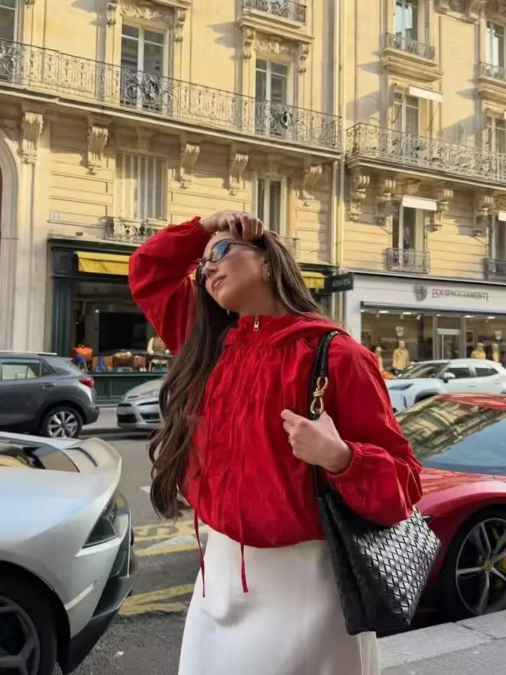 Women's Jacket 2026 Autumn New Red Long-Sleeve Drawstring Decorative Festive Hoodie Zipper Cardigan Casual Fashion Versatile