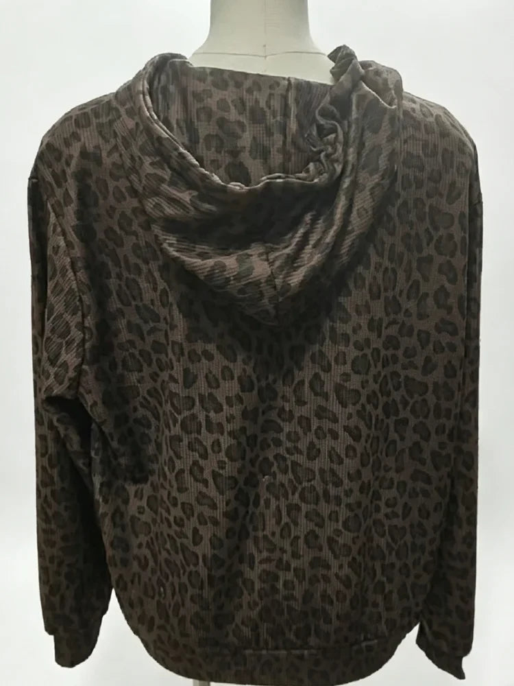 Y2K Leopard Print Hooded Jacket Women Full Zip Drawstring Hood Long Sleeve Loose Fit Streetwear Street Club Ladies Outerwear