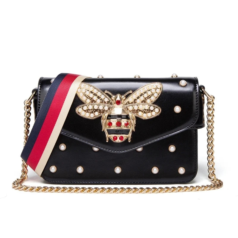Women's Pearl and Bee Shoulder Handbag | PU Crossbody Bag with Chain