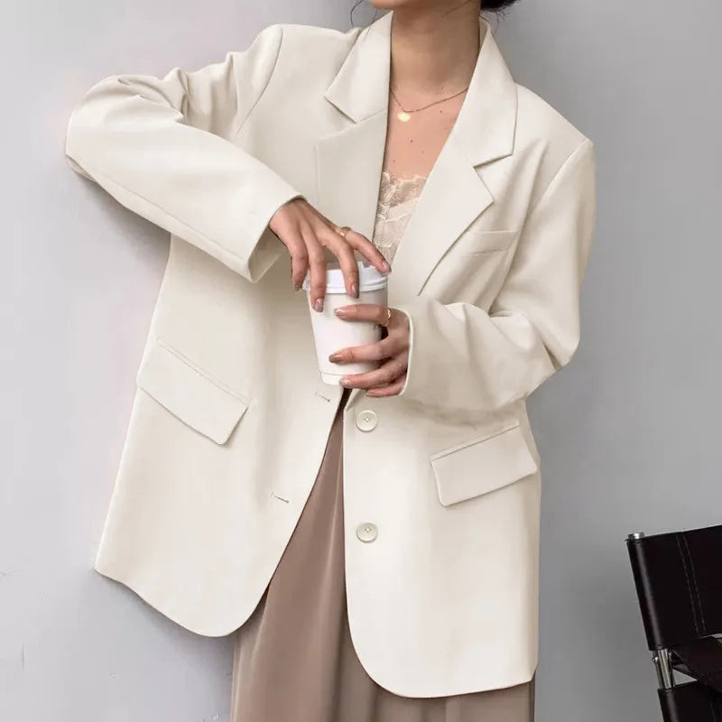 Mid Length Blazer Jacket Women Solid Long Sleeve Pocket Lapel Single Beasted Formal Coat Outerwear Loose Work Casual Blazers