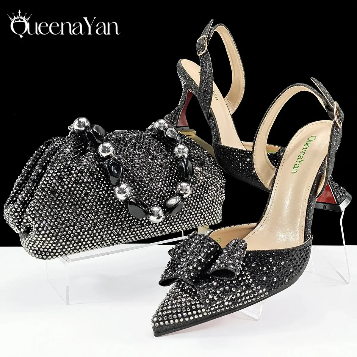 Queena Yan Newest Full of Rhinestone Design Olive Color Lady Sheos and Metal Bead-Embellished Handbag Set for Parrt Wedding
