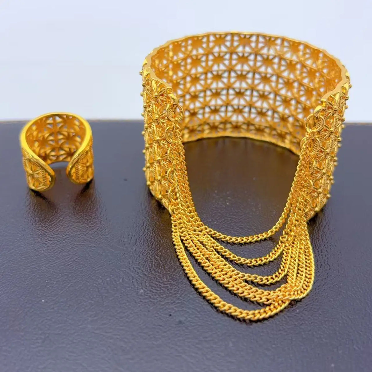 Indian Gold Color Tassel Bracelets Ring For Women Dubai African Hard Charm Bangles Wedding Arabic Hand Jewelry Party Gifts