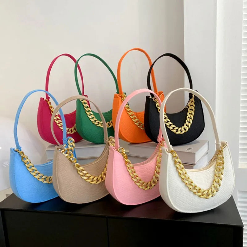 Fashion Women's Felt Handbag | Imitation Metal Chain Underarm Bag (Retro Ladies Solid Color Shoulder Bag, Trendy Casual Clutch Purse)