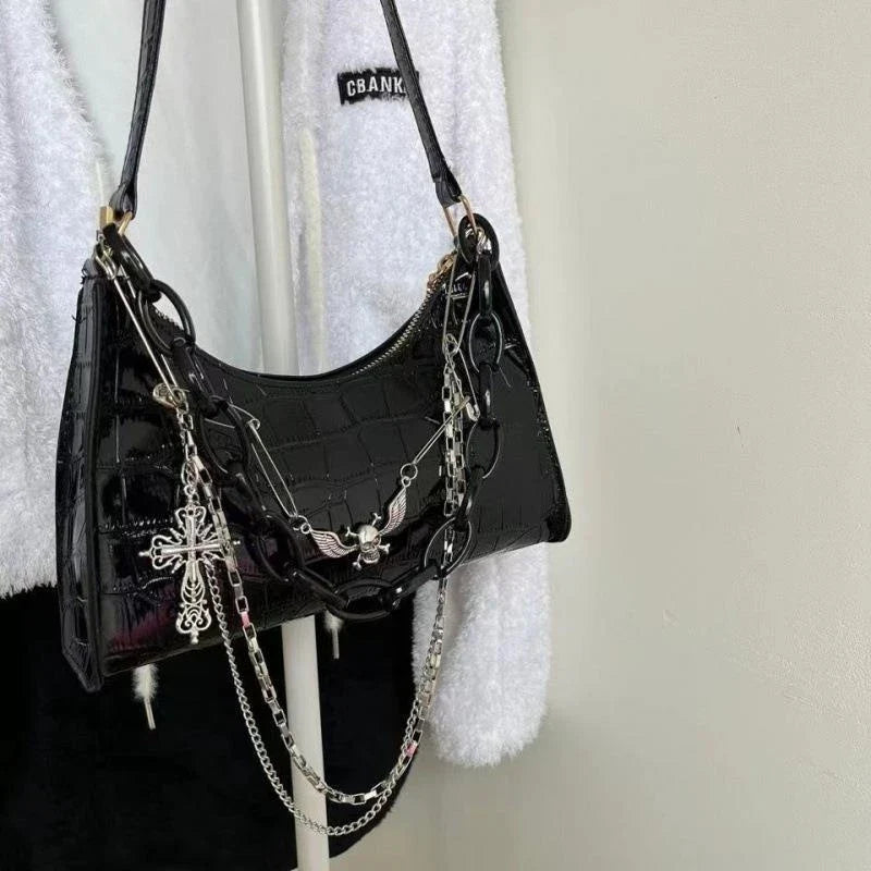 Gothic Dark Punk Underarm Bag | Skull Shoulder Bag & Y2K Chain Crocodile Pattern Crossbody Bag (Korean Popular Aesthetic Handbags)
