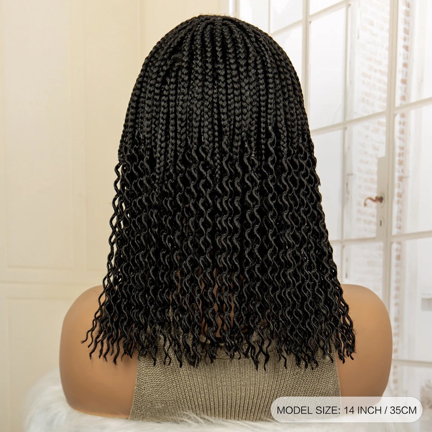 Short 14" Bob Braided Wig | Curly Knotless Box Braids | Synthetic Machine Made Wig | For Black Women
