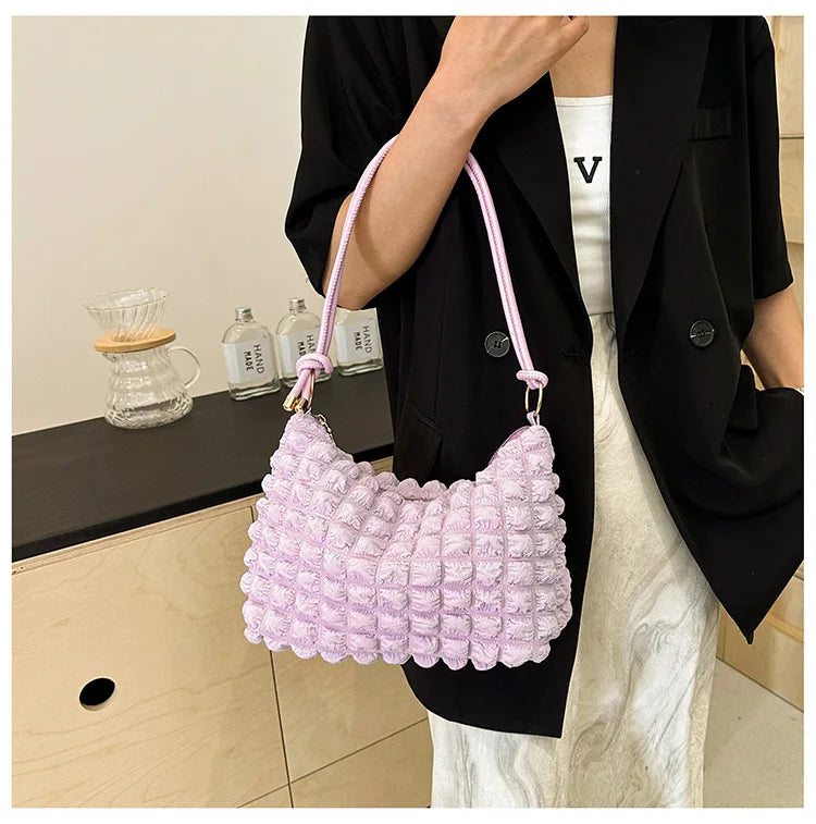 Canvas Wrinkle Bag for Women | Shoulder Bags & Pleated Bubbles Handbags (Padded Casual Underarm Quilted Tote Cloud Bag Purse)
