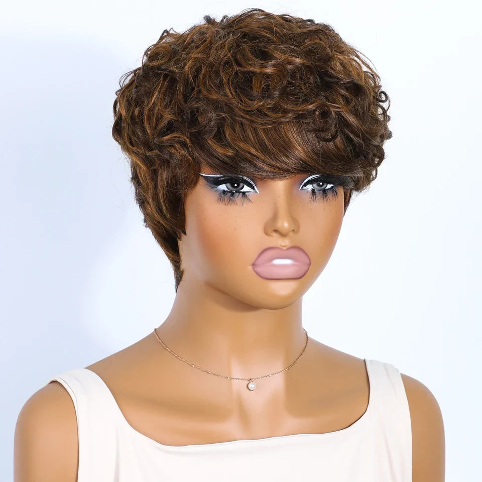 Rebecca Mixed Brown Pixie Cut Wig | Curly Side Part Brazilian Human Hair