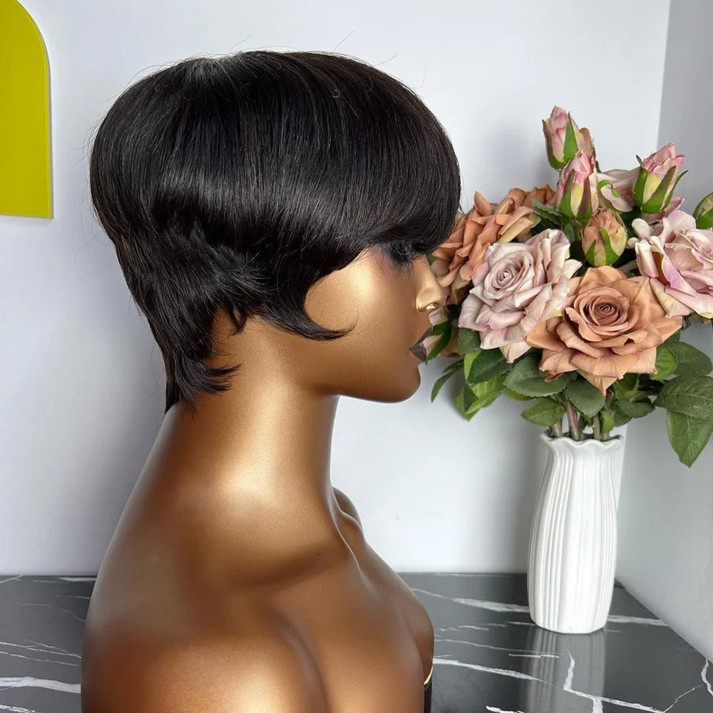 Short Pixie Cut Human Hair Wig with Bangs | Brazilian Remy, Machine Made