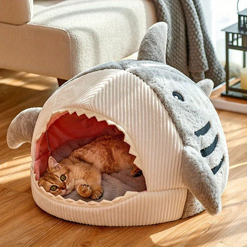 Plush Hooded Cat Cave Bed Round Semi‑Enclosed Shell Pet Nest Washable Anti‑Slip Warm All Season Sleeping Bed For Cats Small Dogs
