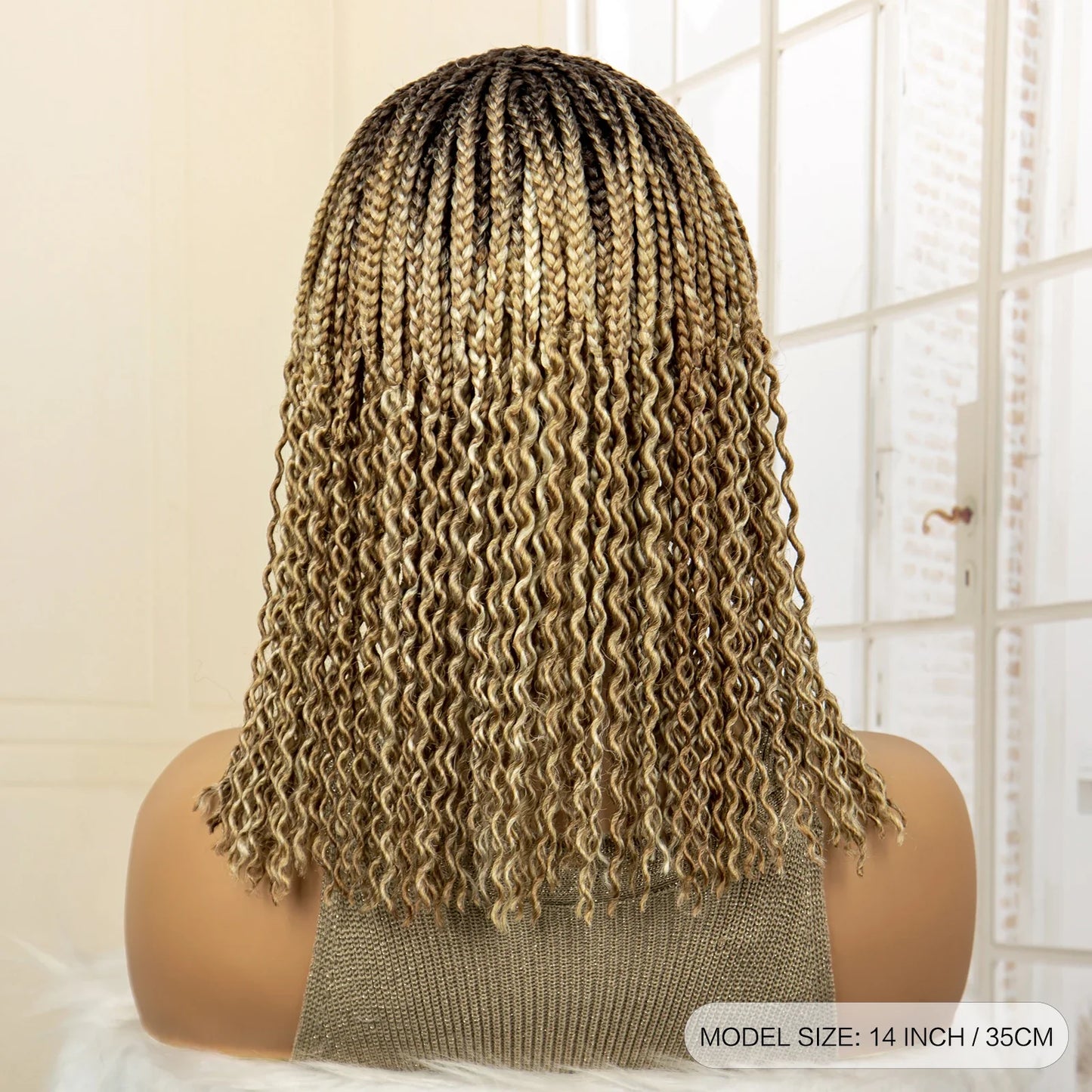 Short 14" Bob Braided Wig | Curly Knotless Box Braids | Synthetic Machine Made Wig | For Black Women