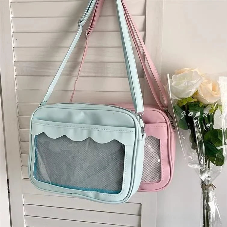 Women's PU Transparent Pocket Ita Bag | High School Girls JK Uniform Crossbody Shoulder Handbag (Fashion Satchel)