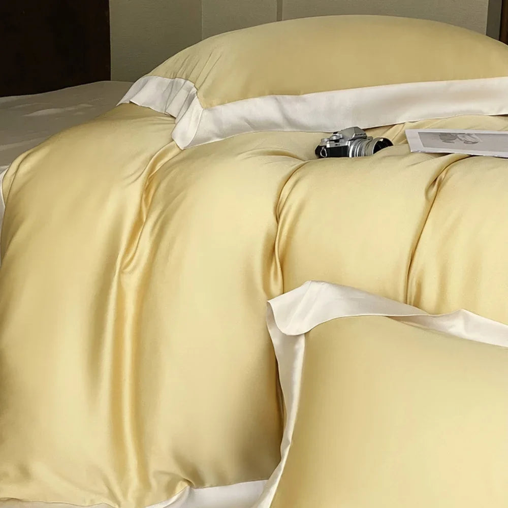 Liv-Esthete Top Grade 100% Silk Duvet Cover Set Queen King Yellow White Bedding Set Flat Sheet Beauty Pillowcase Bed Linen
