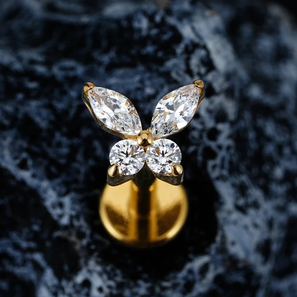 Right Grand ASTM F136 Titanium 16G Mini Butterfly CZ Labret Tragus Cartilage Conch Forward Helix Stud Nose Piercing Body Jewelry