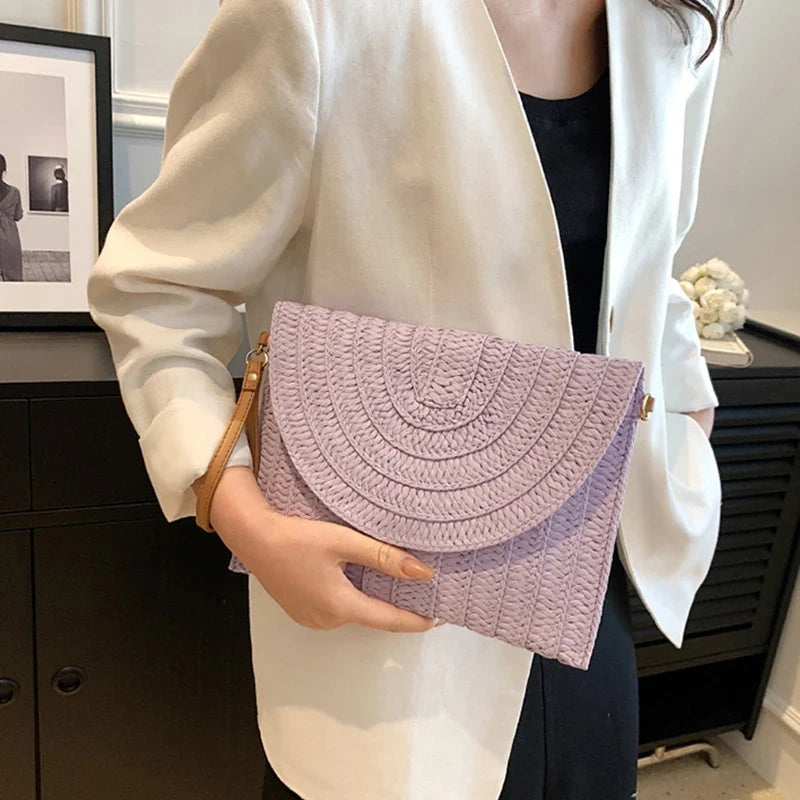 Summer Travel Beach Bag Straw Woven Clutch Bag | Fashion Designer Crossbody Shoulder Bag for Women (Handbag Ladies Wrist Wicker Bag)