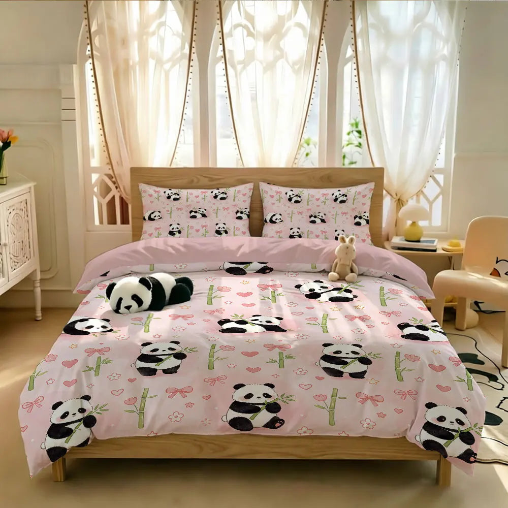 3pcs Cartoon Panda Print Coreless Duvet Cover Cool Summer Lightweight Bedding Set Multi Size Bedroom Bedding Decoration