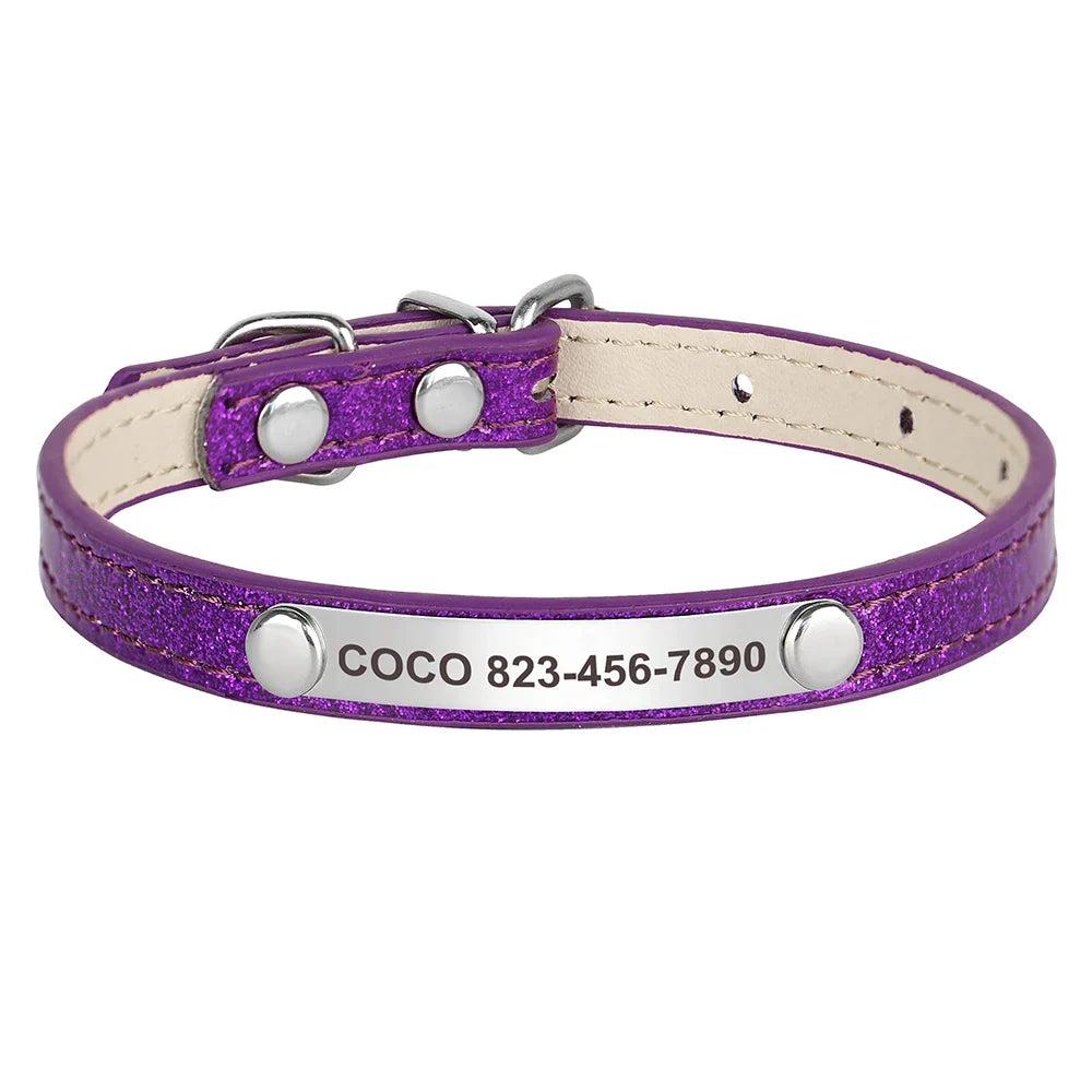 Personalized Cat Collar Custom Leather Cat Collars Free Engraved Puppy Kitten ID Necklace Bling Pet Collars for Small Dogs Cats
