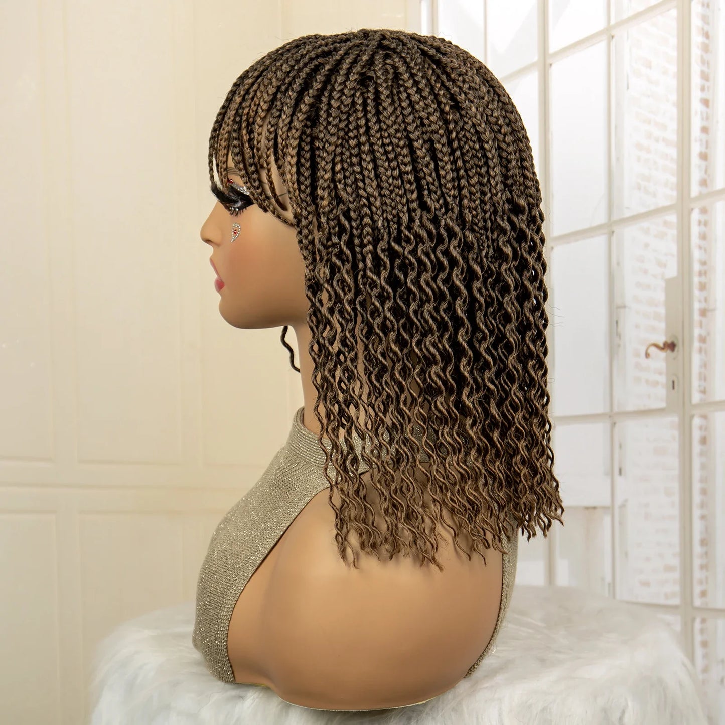 Short 14" Bob Braided Wig | Curly Knotless Box Braids | Synthetic Machine Made Wig | For Black Women