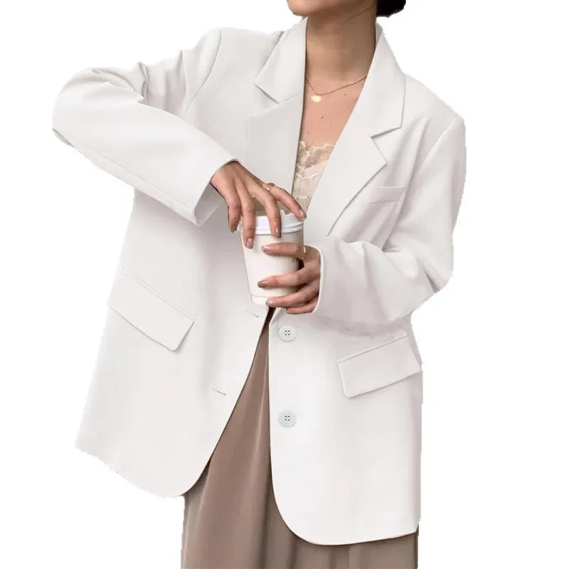 Mid Length Blazer Jacket Women Solid Long Sleeve Pocket Lapel Single Beasted Formal Coat Outerwear Loose Work Casual Blazers