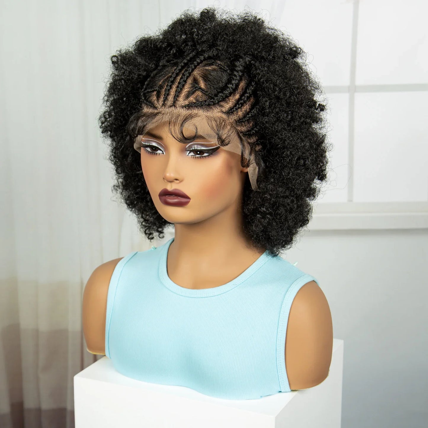 Short Natural Afro Kinky Curly Cornrow Braids Wig | Full Lace | Baby Hair