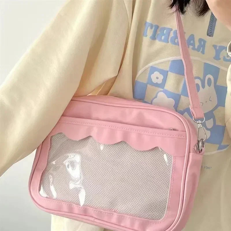 Women's PU Transparent Pocket Ita Bag | High School Girls JK Uniform Crossbody Shoulder Handbag (Fashion Satchel)