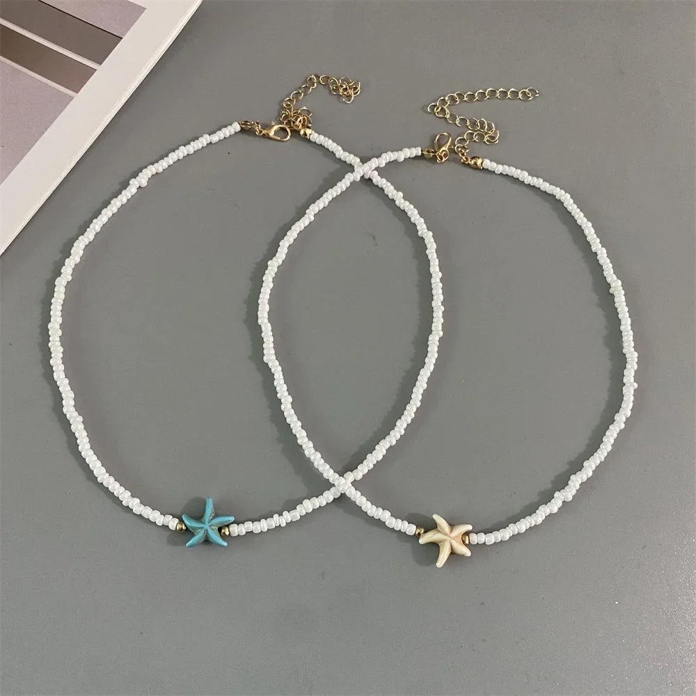 Shell Starfish Woman Short Necklace Summer Holiday Gift Handmade Choker  Seed Beads Neck Jewelry White