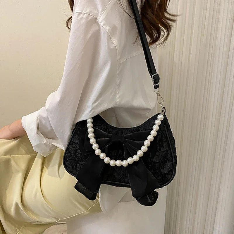 White Folds Pop Retro Bow Bag | Female Pearl Handle New Fashion Pearl Armpit Shoulder & Crossbody Bag