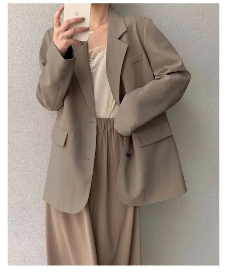 Mid Length Blazer Jacket Women Solid Long Sleeve Pocket Lapel Single Beasted Formal Coat Outerwear Loose Work Casual Blazers
