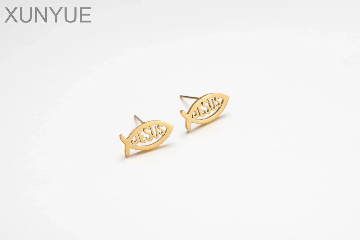 Vintage Stainless Steel Fish Shape JESUS Earrings Christian Symbol Jesus Ear Studs Fish Pendant For Unisex