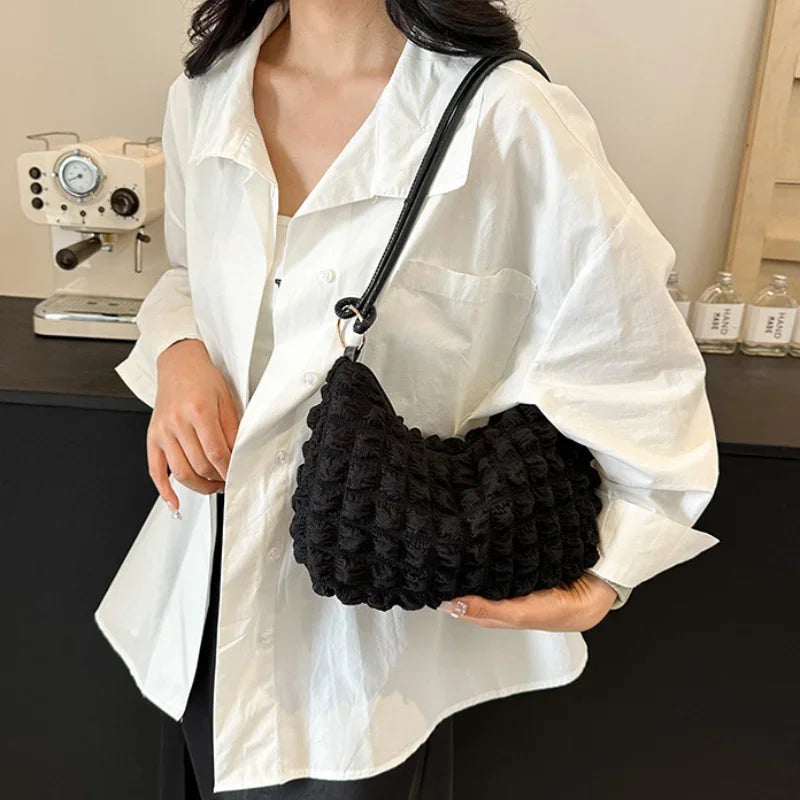 Canvas Wrinkle Bag for Women | Shoulder Bags & Pleated Bubbles Handbags (Padded Casual Underarm Quilted Tote Cloud Bag Purse)