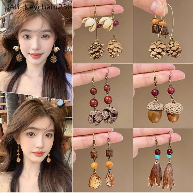 1Pair Vintage Wooden Plant Earring For Women Creative Natural Plant Dried Fruits Drop Earrings Ethnic Jewelry