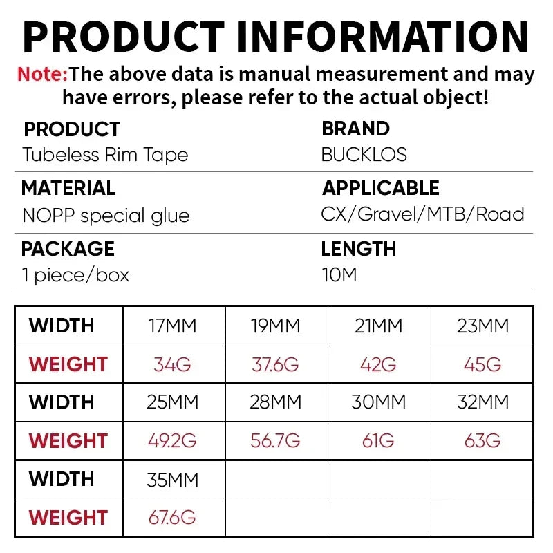 BUCKLOS 10M Bicycle Tubeless Rim Tape 17/19/21/23/25/28/30/32/35mm Width Bike Wheel Rim Stripe MTB Road Bike Wheel Rim Tape