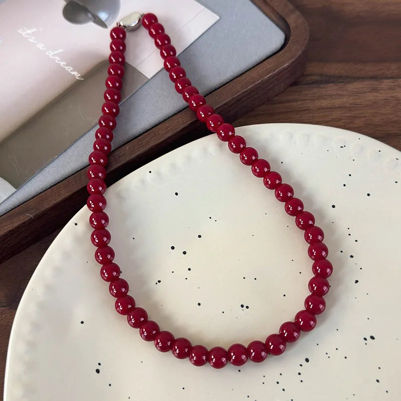 Handmade Vintage Chinese Style Glass Bead Necklace with Antique Red Glass Beads and Gold Coin Closure, Versatile Neckpiece