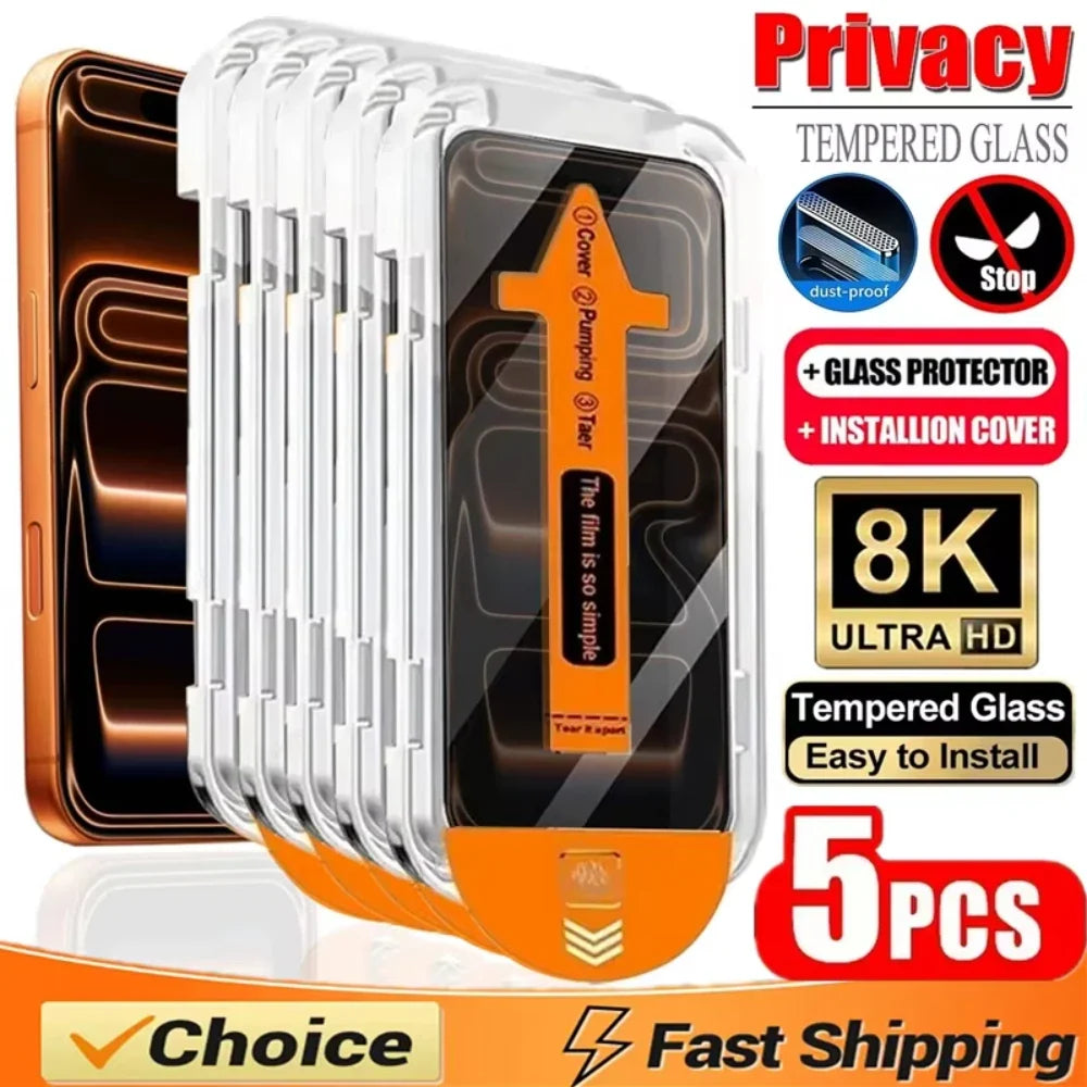 5PCS Privacy Screen Protector Dust Free Installation Protector for iPhone 17 16 15 14 13 12 11 18Pro Max Anti-Spy Tempered Glass