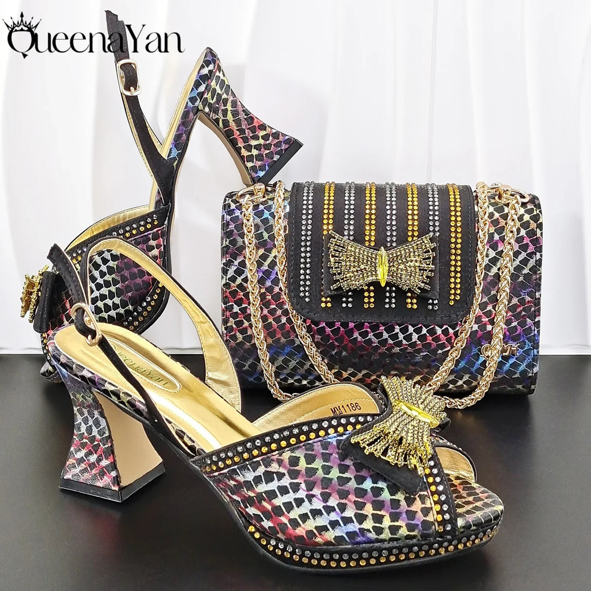 QueenaYan 2026 New Italian Pumps and Bag To Party  INS Style Open-Toe Rhinestone Elegant High Heels for Women Party