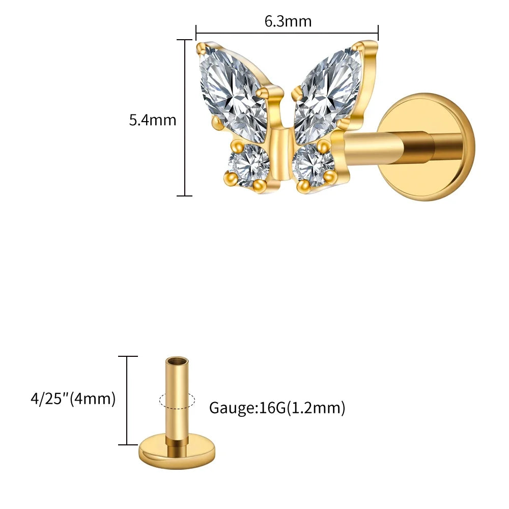Right Grand ASTM F136 Titanium 16G Mini Butterfly CZ Labret Tragus Cartilage Conch Forward Helix Stud Nose Piercing Body Jewelry