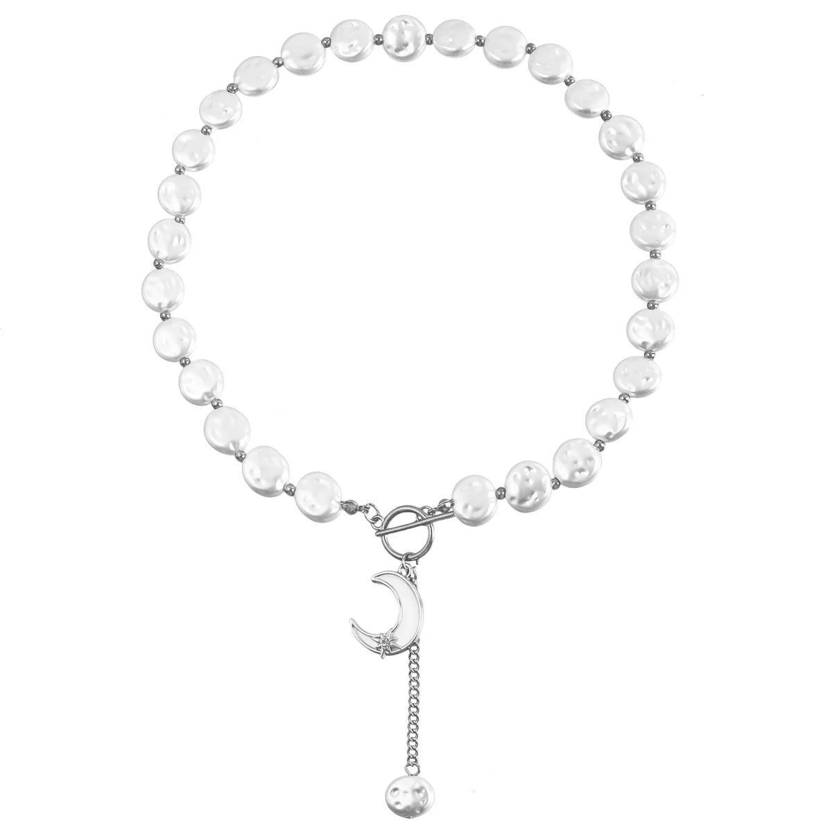 Kpop Imitation Pearl Beaded Pendant Necklace Moon Metal Link Splicing Choker for Women Ladies Jewelry Wedding