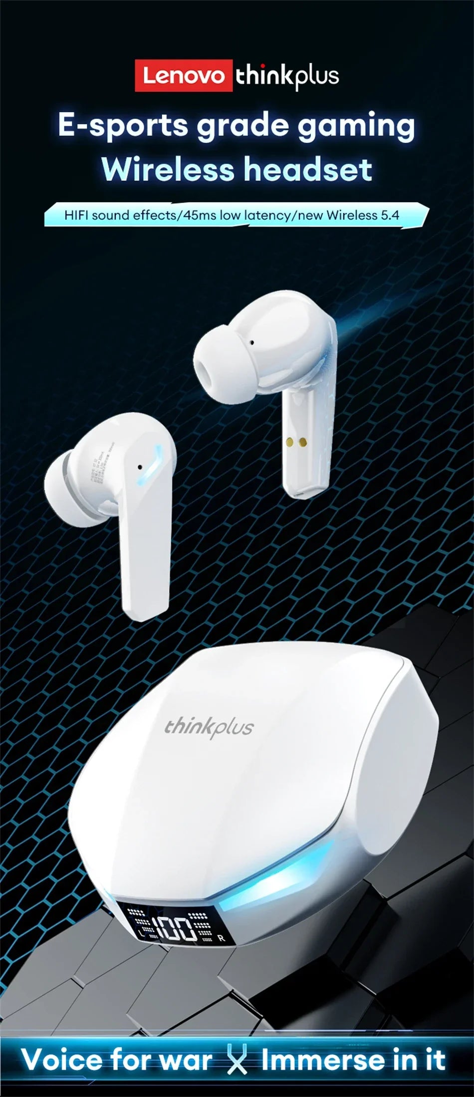 Lenovo XT53 Gaming Headset LED Digital Display Wireless Sport Earbuds HD Call Low Latency Headphones Waterproof GM2 Pro Upgraded