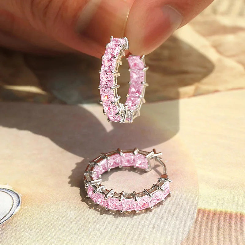 Huitan Princess Square Cubic Zirconia Hoop Earrings Luxury Trendy Ear Circle Earrings for Women Fashion Versatile Female Jewelry