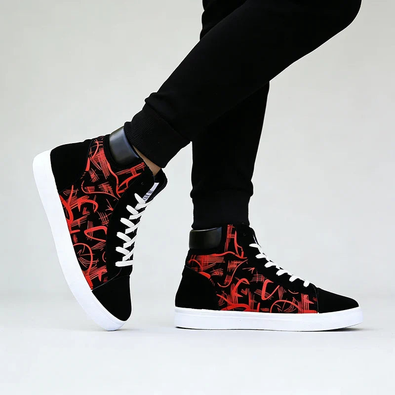 Street Style Fashion Sneakers Mens Casual Shoes Flat Breathable High top Black Red Brand Male Footwear
