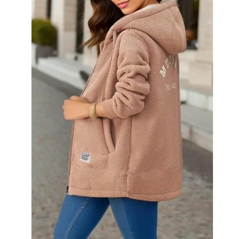 Women's Hooded Top  Winter Coat Thickened Fleece-lined Sweatshirt Cardigan Winter Trendy New Style Lamb Wool Jacket Ladies