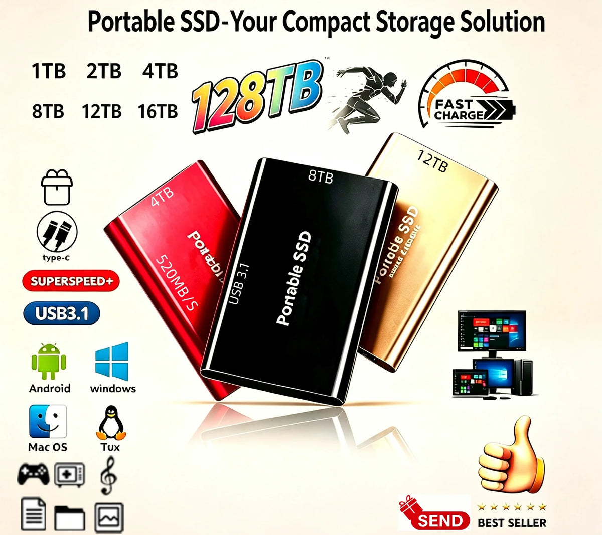 Portable External SSD, 1TB-16TB Large Capacity USB3.1 High Speed Solid State Drive, Lightweight Storage for Laptop, Desktop, Mac
