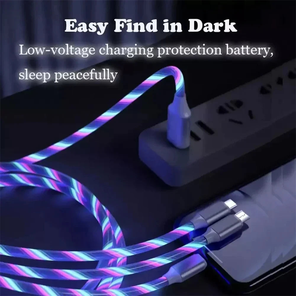 Glowing LED Light USB 3 IN 1 cable Phone Fast Charging Charger Luminous Type C Cable For Xiaomi iPhone Phone Accessories