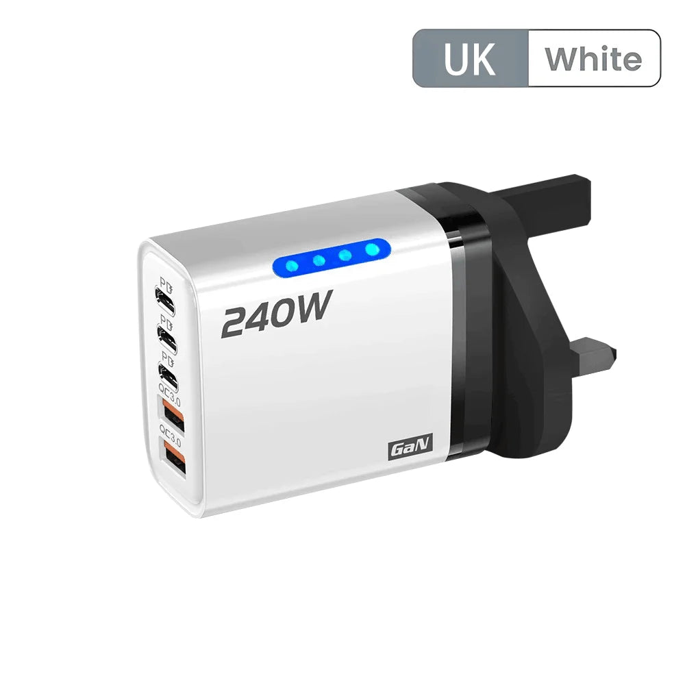 5 in 1 GaN USB C Desktop Charger 240W Fast Charge Phone Adapter 10A Type C Cable For iPhone Samsung Xiaomi EU/US/UK Plug Charger