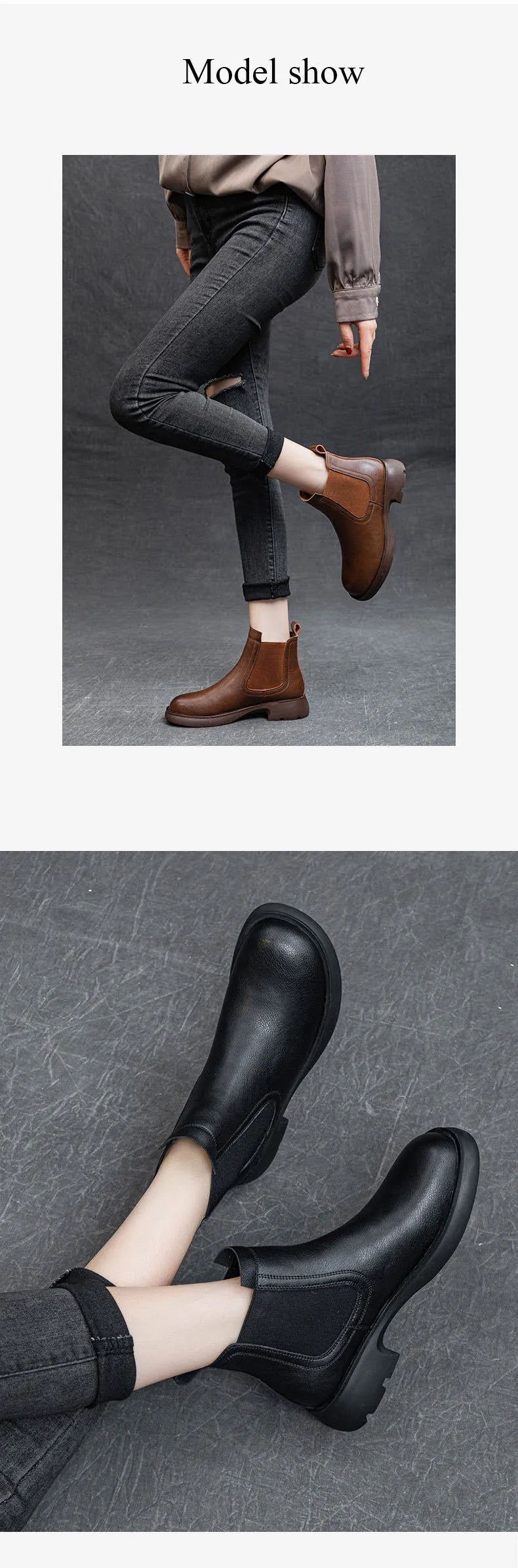 DRKANOL Fashion Women Thick Heel Ankle Boots Autumn Winter Warm Shoes Round Toe Real Cowhide British Style Slip On Chimney Boots