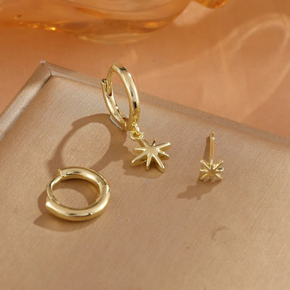 ZAKOL 3 Piece Fashion Round Star Drop Earrings Set for Women Gold Color Dangle Earring Punk Unisex Rock Jewelry