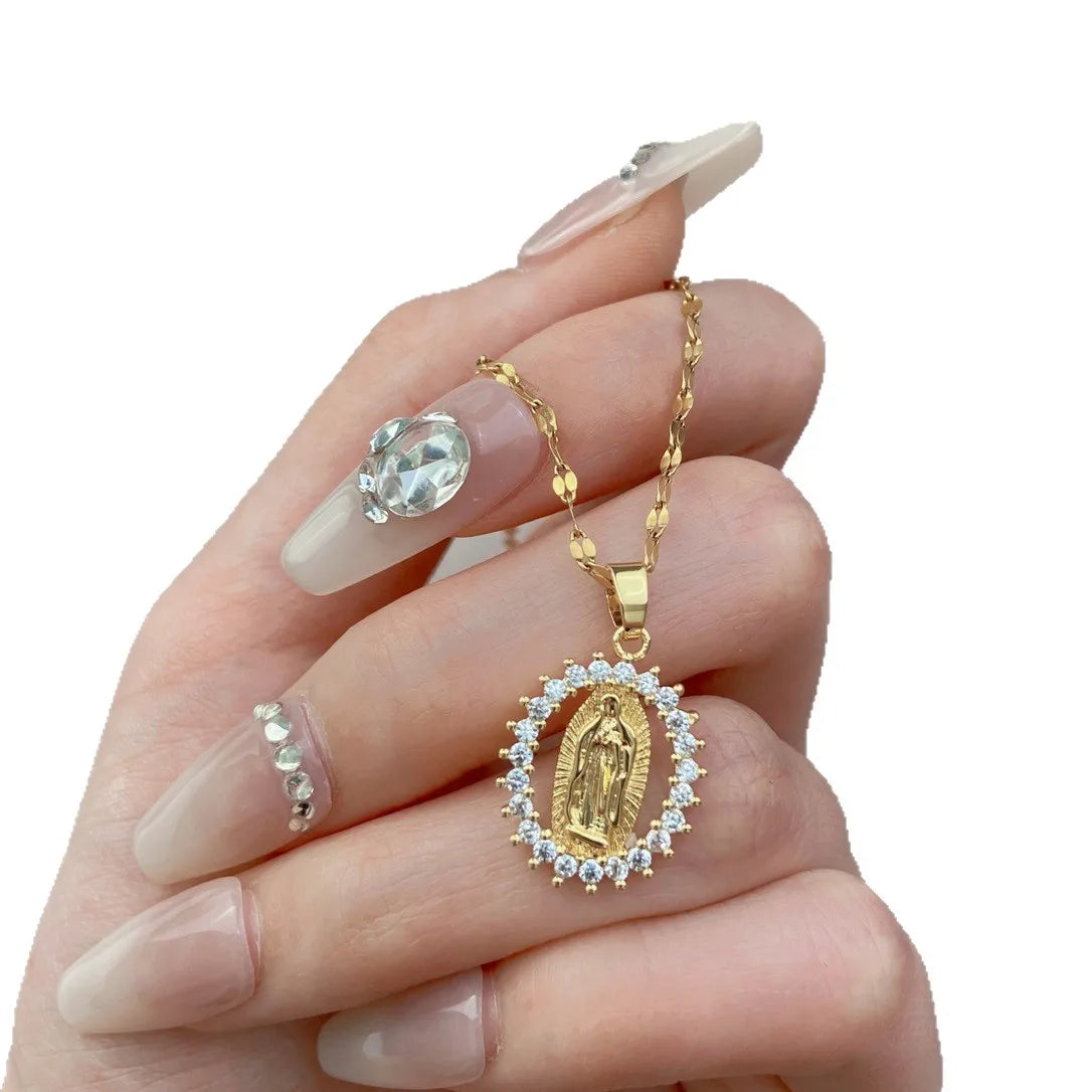 Oval round plaque inlaid with zircon religious pendant for women's party stainless steel Virgin Mary jewelry gift necklace