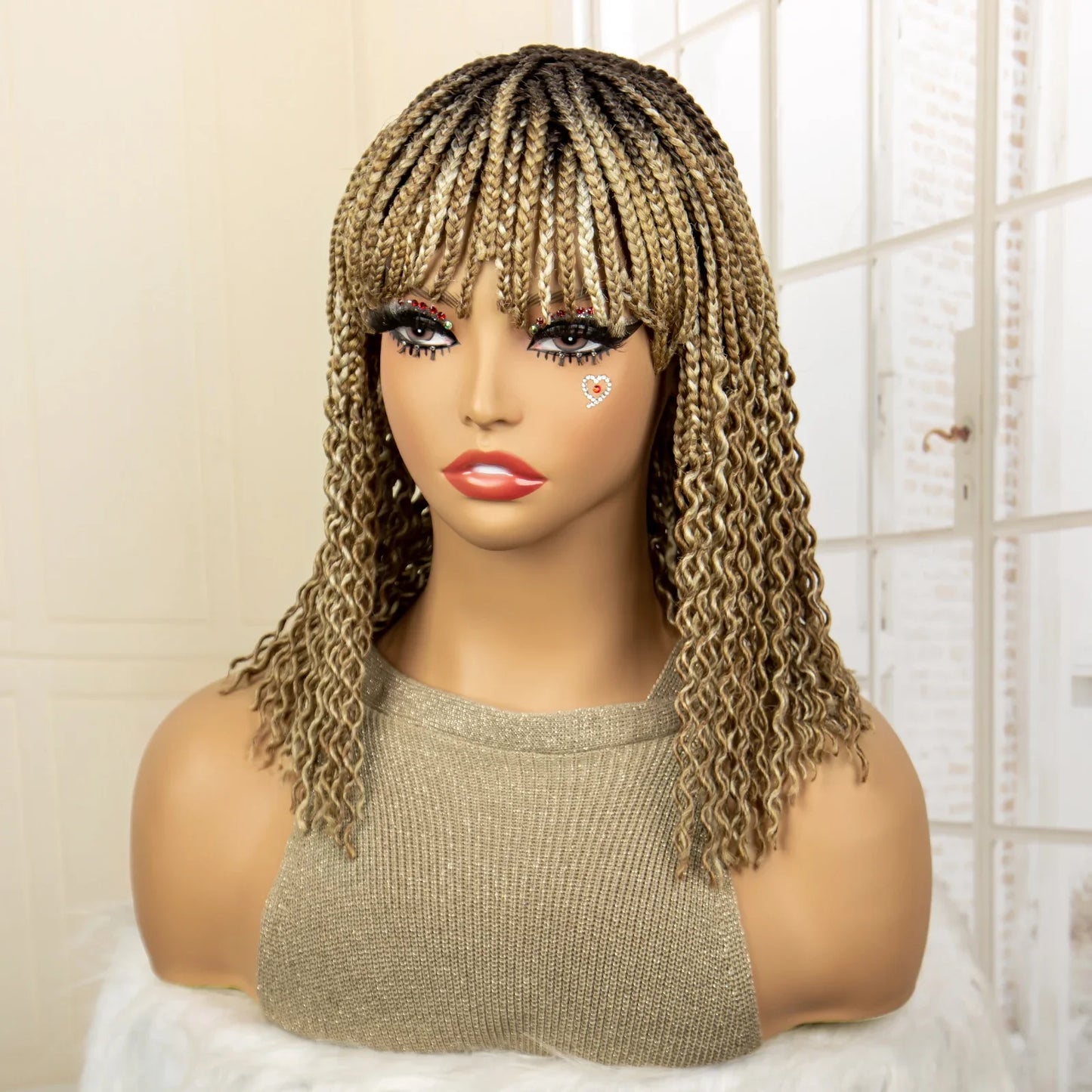 Short 14" Bob Braided Wig | Curly Knotless Box Braids | Synthetic Machine Made Wig | For Black Women