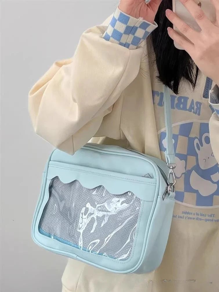 Women's PU Transparent Pocket Ita Bag | High School Girls JK Uniform Crossbody Shoulder Handbag (Fashion Satchel)